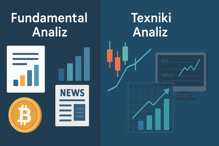 Fundamental analiz və texniki analizin vizual müqayisəsi — kriptovalyuta və birja bazarında istifadə olunan metodlar